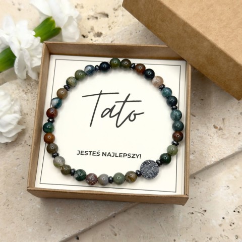 bransoletka męska na gumce z kamienia agatu indyjskiego z drzewem życia dla taty