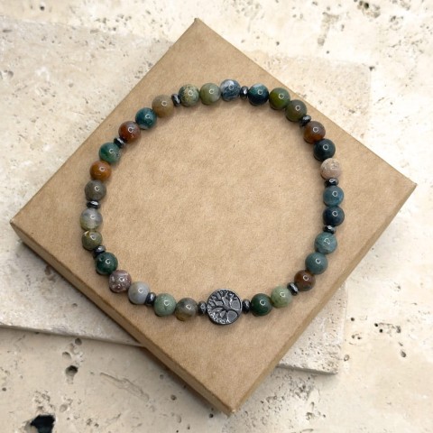 zielona bransoletka męska na gumce z agatu indyjskiego z drzewem życia