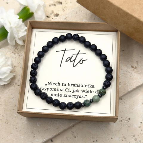 czarna bransoletka męska na gumce z zielonym agatem indyjskim i lawą dla taty
