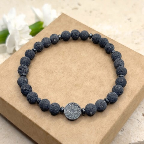 bransoletka męska na gumce z lawy wulkanicznej z drzewem życia szara