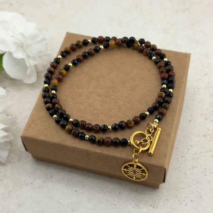 Naszyjnik z kamieni naturalnych z turmalinu, obsydianu i tygrysie oko