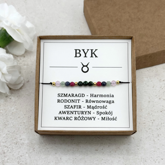 bransoletka dla znaku zodiaku byk na sznurku z kamieni szmaragdu szafiru rodonitu