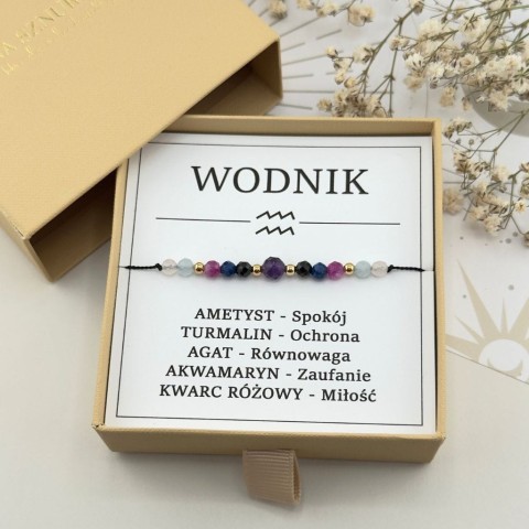 bransoletka zodiakalna dla wodnika na sznurku z kamieni naturalnych z ametystem