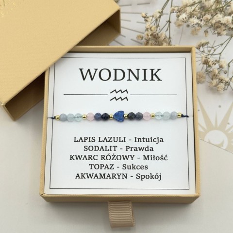 bransoletka zodiakalna dla wodnika na sznurku z serduszkiem z lapis lazuli