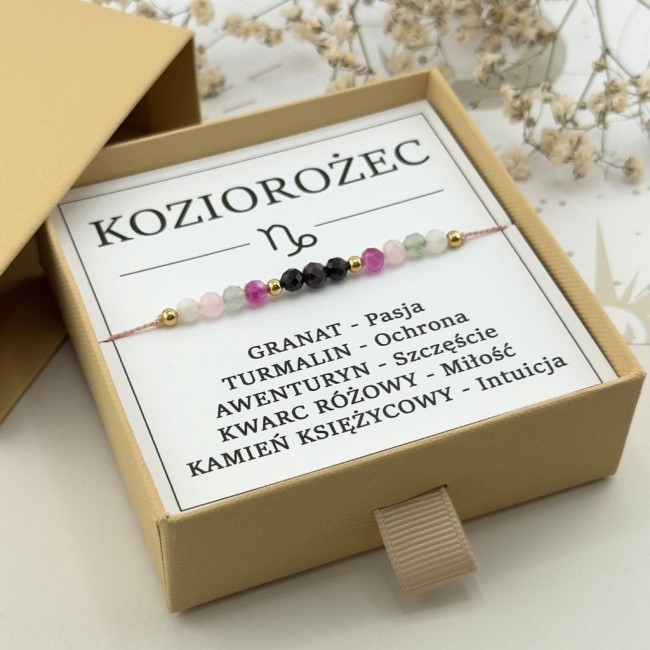 damska bransoletka dla znaku zodiaku koziorożec na sznurku z granatem turmalinem