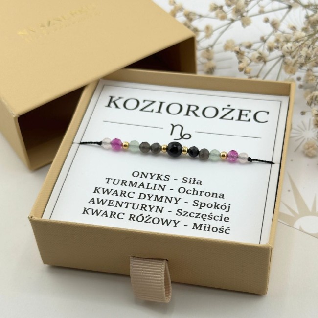 bransoletka talizman zodiakalny dla koziorożca z kamieni onyksu turmalinu kwarcu różowego