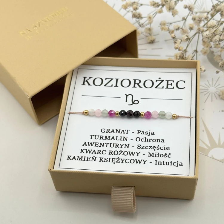 bransoletka zodiakalna dla koziorożca na sznurku z kamieni naturalnych z granatem