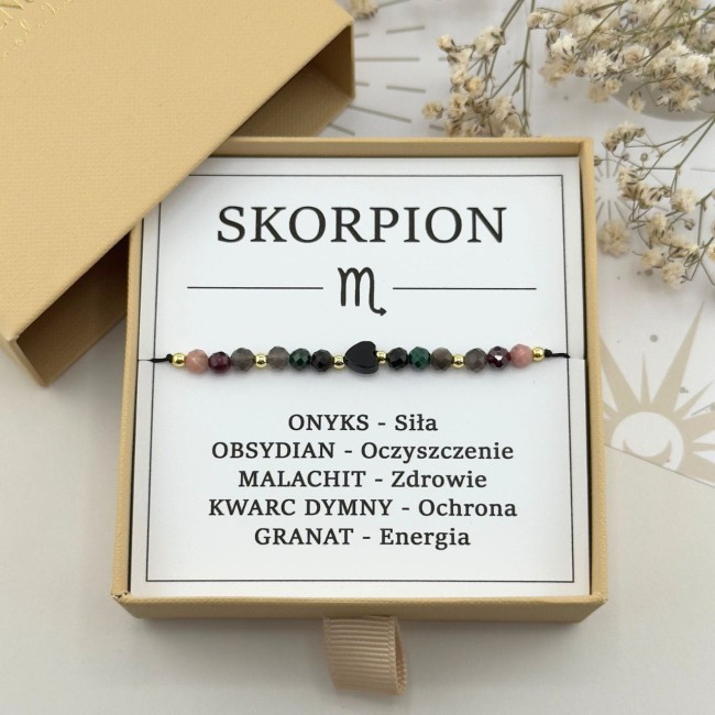 bransoletka zodiakalna dla skorpiona na sznurku z serduszkiem z onyksu