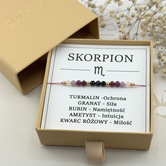 bransoletka dla znaku zodiaku skorpion na sznurku z kamieni turmalin granat rubin