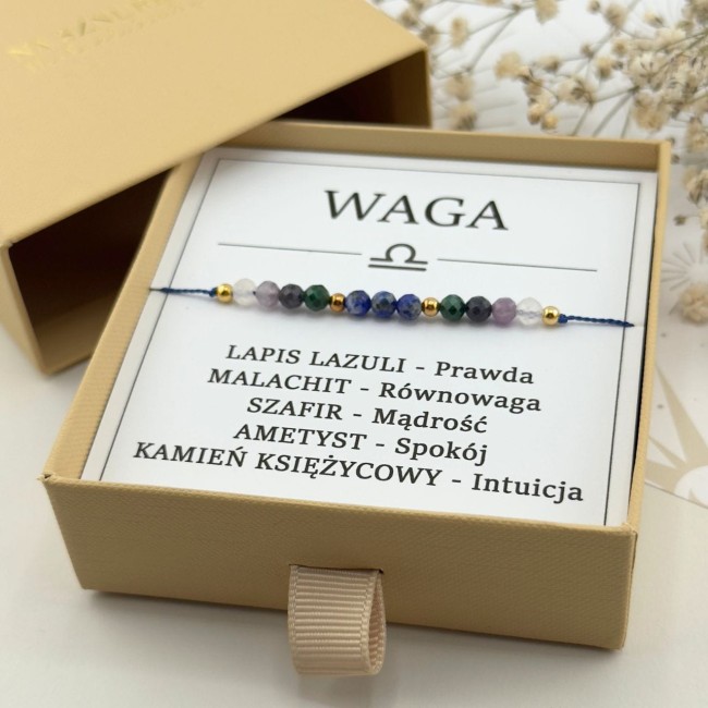 bransoletka dla znaku zodiaku waga na sznurku z lapis lazuli szafir
