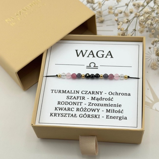 bransoletka dla znaku zodiaku waga na sznurku z kamieni w pudełku prezentowym
