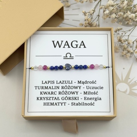 bransoletka zodiakalna dla wagi na sznurku z serduszkiem z lapis lazuli