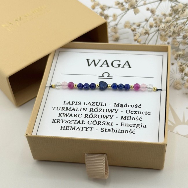 bransoletka zodiakalna dla wagi na sznurku z serduszkiem z lapis lazuli w pudełku