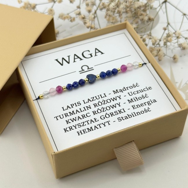 bransoletka dla znaku zodiaku waga na sznurku z serduszkiem z lapis lazuli