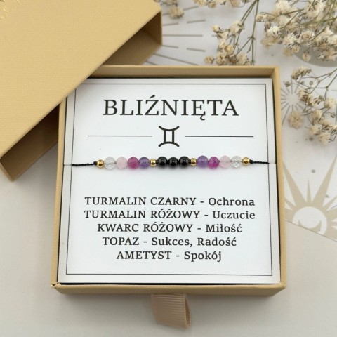 bransoletka zodiakalna dla bliźniąt na sznurku z turmalinem kwarcem różowym topazem ametystem
