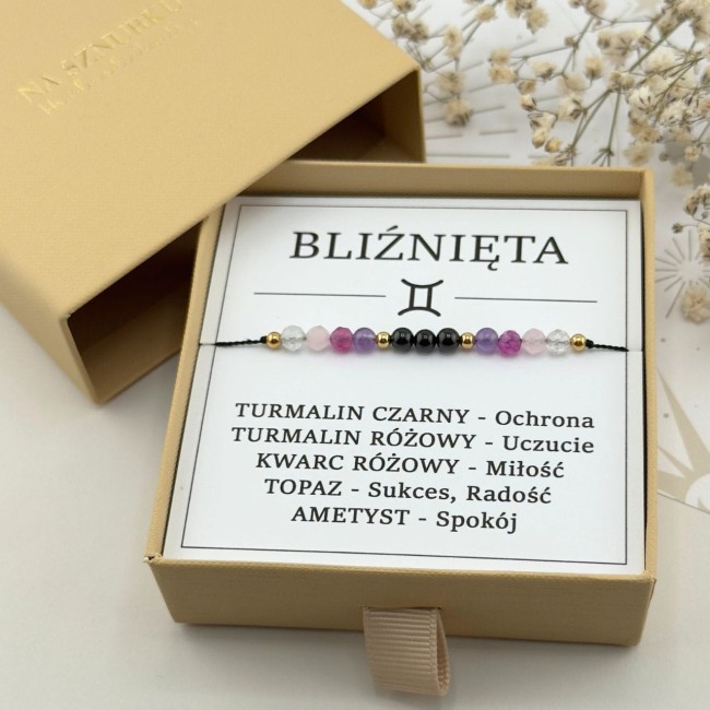 bransoletka dla znaku zodiaku bliźnięta z kamieni turmalin kwarc różowy topaz ametyst