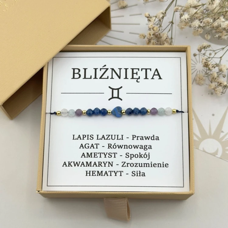 bransoletka dla znaku zodiaku bliźnięta na sznurku z serduszkiem z kamienia lapis