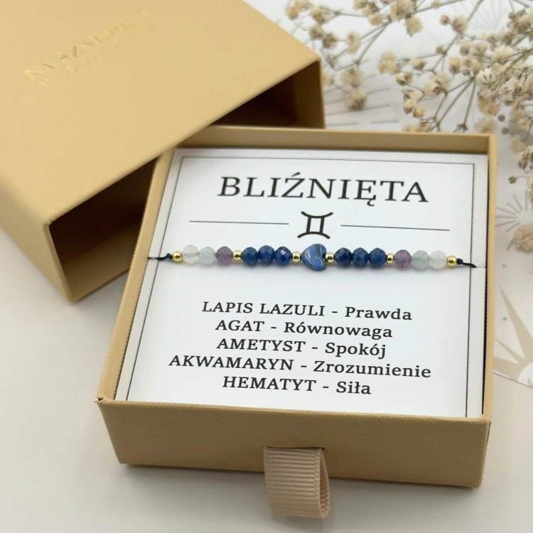 bransoletka zodiakalna dla bliźniąt z granatowym serduszkiem z lapis lazuli