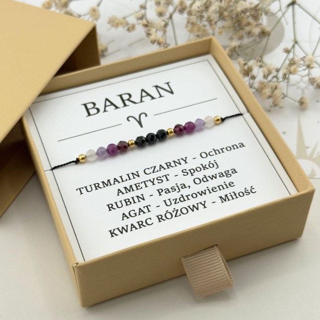 bransoletka talizman zodiakalny dla barana na sznurku z turmalinem ametystem w pudełku