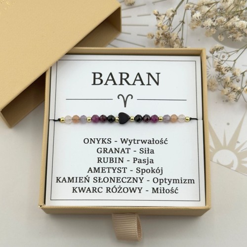 bransoletka zodiakalna na sznurku dla barana z serduszkiem z kamienia onyksu