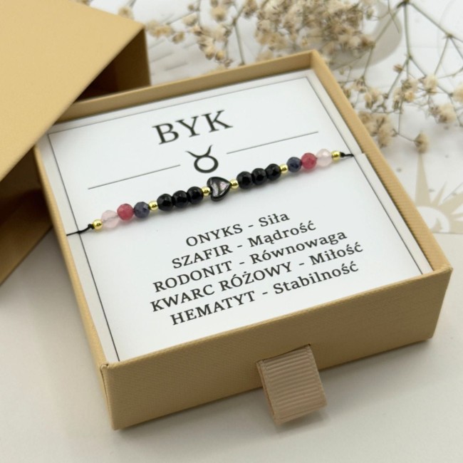 bransoletka dla znaku zodiaku byk z sercem z onyksu szafiru rodonitu kwarcu różowego