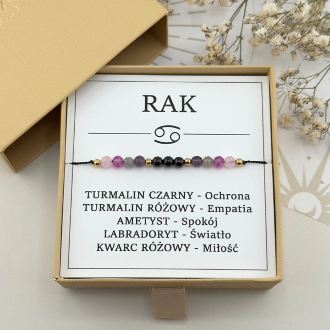 bransoletka zodiakalna dla raka na sznurku z turmalinem ametystem w pudełku