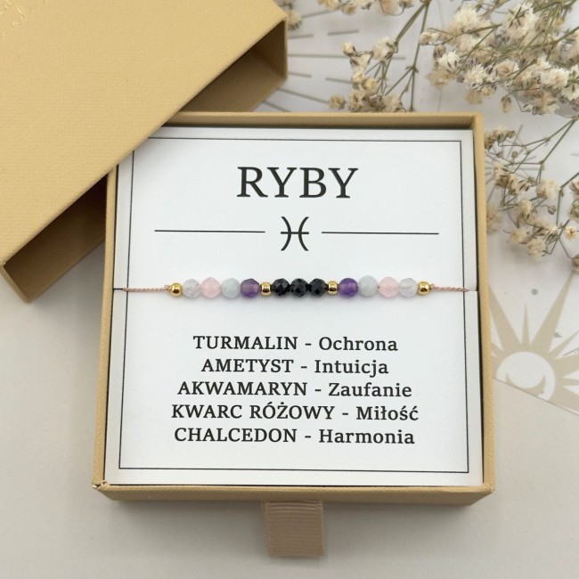 bransoletka zodiakalna dla ryb na sznurku z turmalinem sodalitem ametystem w pudełku