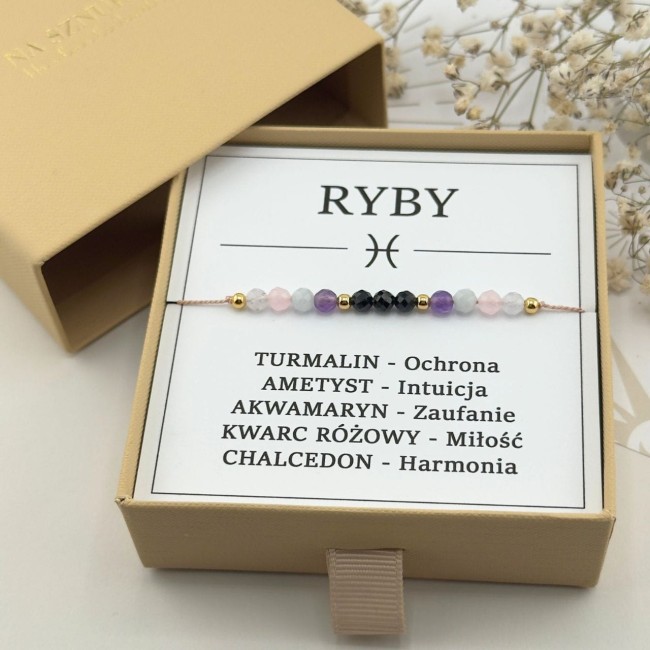 bransoletka dla znaku zodiaku ryby na sznurku z kamieni turmalin ametyst sodalit