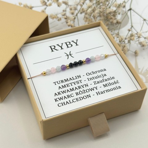 bransoletka zodiakalna dla ryb na sznurku z turmalinem sodalitem ametystem
