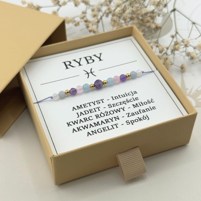 bransoletka dla znaku zodiaku ryby z kamieni naturalnych ametyst kwarc angelit w pudełku