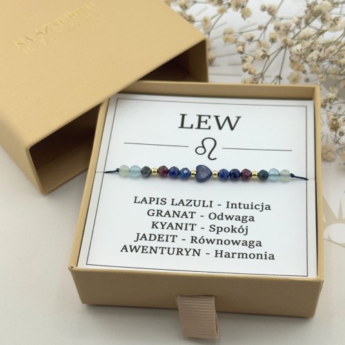 bransoletka zodiakalna na sznurku dla lwa z serduszkiem z lapis lazuli