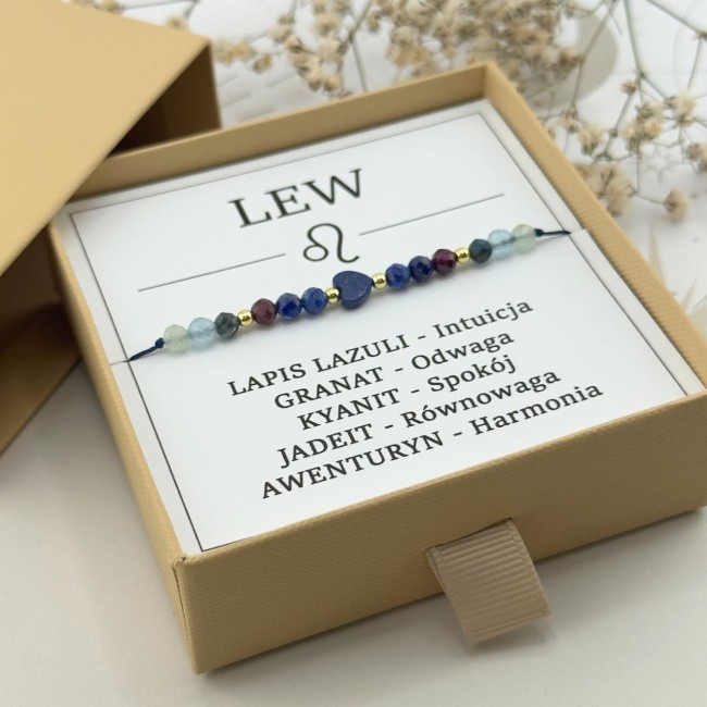 bransoletka dla znaku zodiaku lew na sznurku z serduszkiem z lapis lazuli
