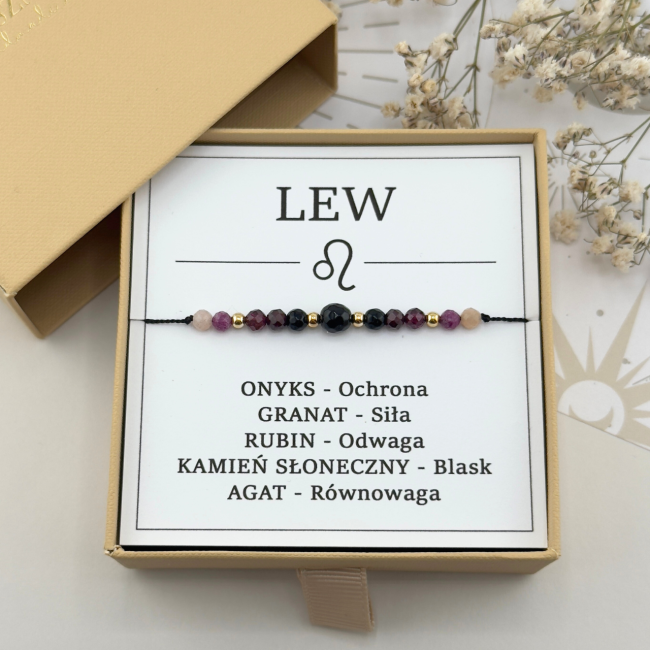 bransoletka dla znaku zodiaku lew na sznurku z kamieni naturalnych w pudełku prezentowym