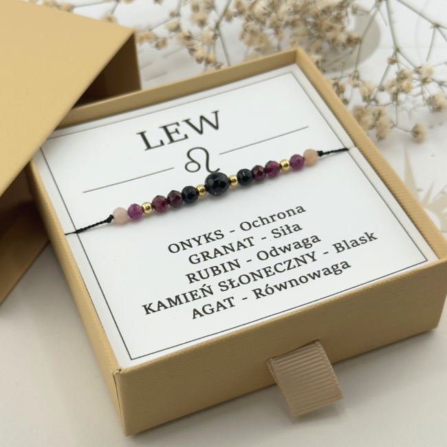 personalizowana bransoletka na sznurku z kamieni naturalnych dla lwa z dedykacją