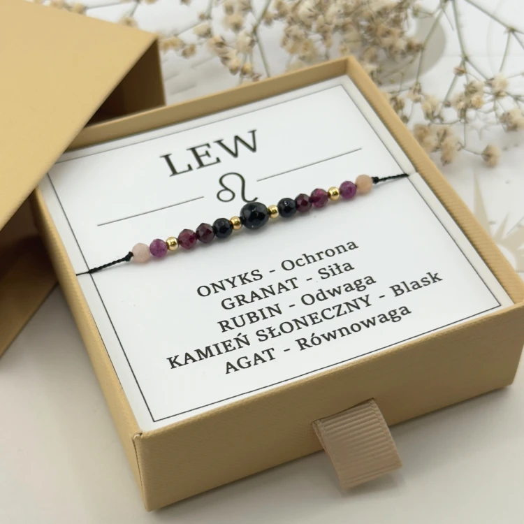 personalizowana bransoletka na sznurku z kamieni naturalnych dla lwa z dedykacją