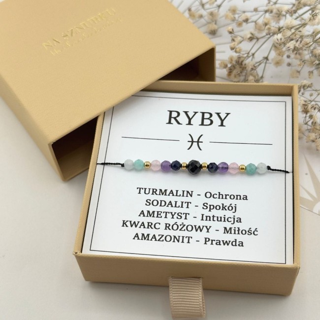 damska bransoletka dla znaku zodiaku ryby na sznurku z kamieni w eleganckim pudełku prezentowym