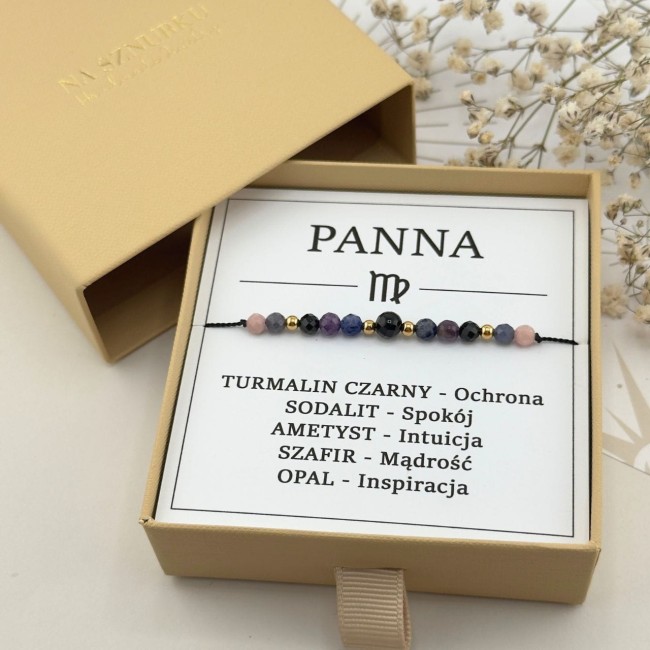 bransoletka dla znaku zodiaku panna na sznurku z kamieni szafir turmalin