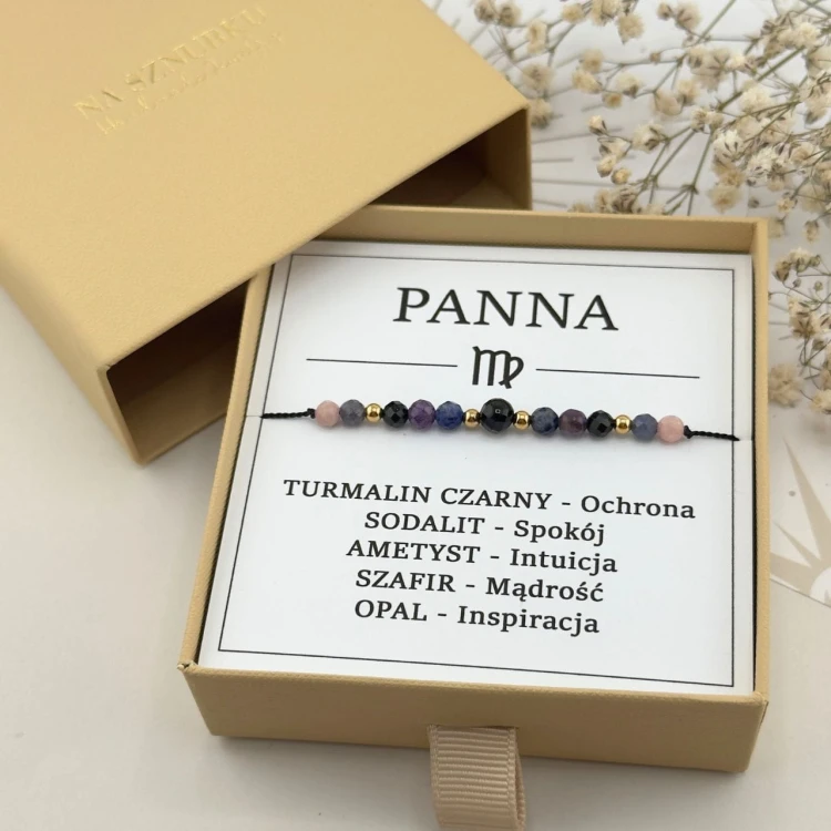 bransoletka dla znaku zodiaku panna na sznurku z kamieni szafir turmalin