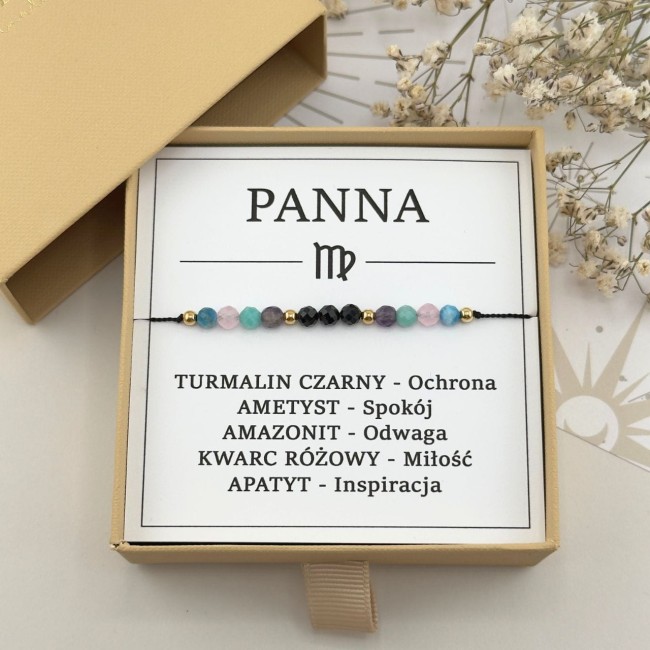 bransoletka zodiakalna dla panny na sznurku z kamieni naturalnych z turmalinem