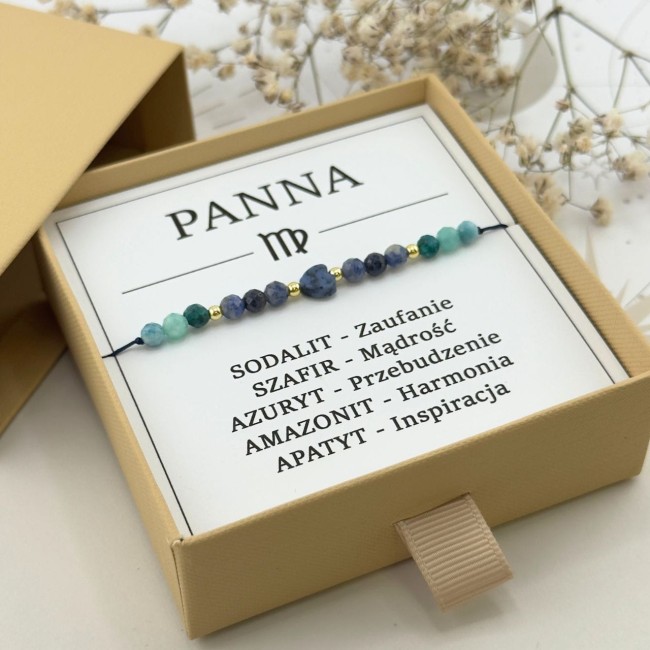 bransoletka dla znaku zodiaku panna na sznurku z serduszkiem z sodalitu