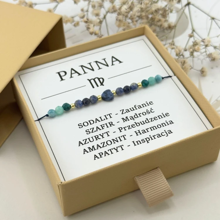 bransoletka dla znaku zodiaku panna na sznurku z serduszkiem z sodalitu
