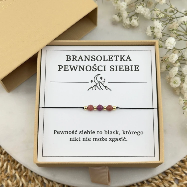 bransoletka pewności siebie na sznurku czarnym z rubinem kamienie