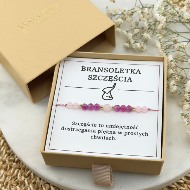 różowa bransoletka na szczęście na sznurku z kwarcu różowego turmalinu