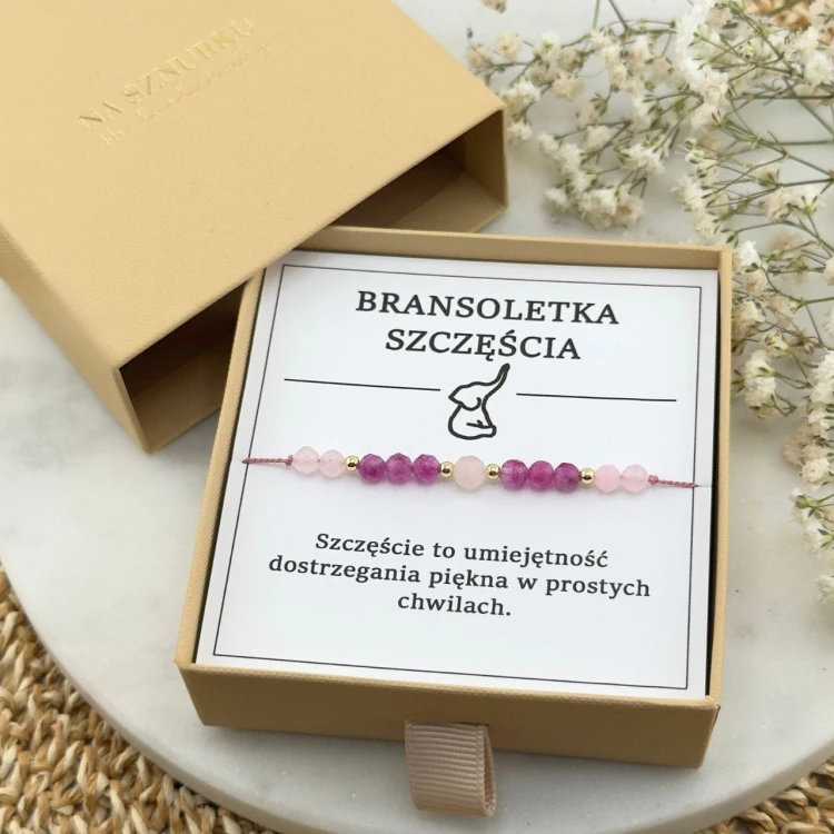 różowa bransoletka na szczęście na sznurku z kwarcu różowego turmalinu