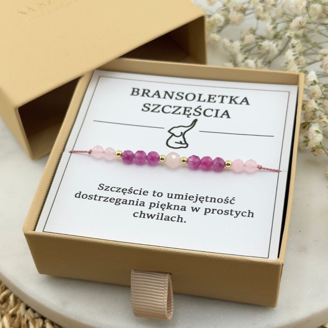 bransoletka talizman szczęścia na sznurku z kamienia turmalinu kwarcu różowego