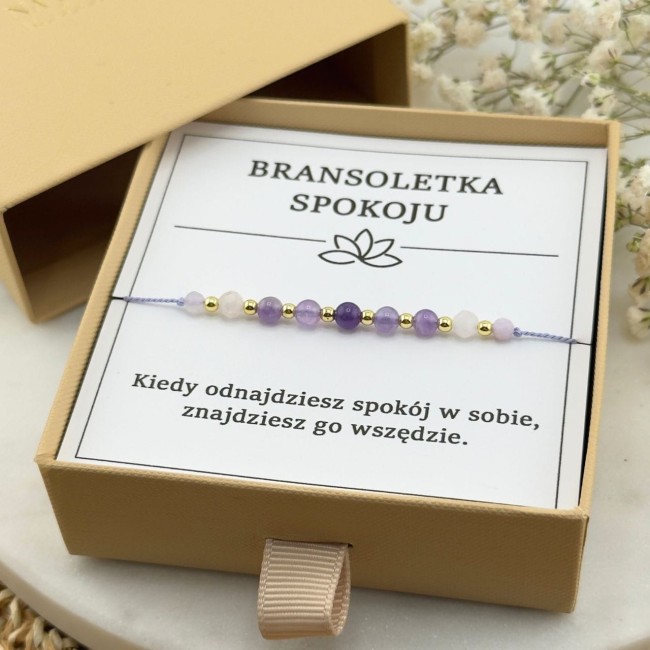 bransoletka talizman na spokój na sznurku z kamieni ametystu kwarcu różowego
