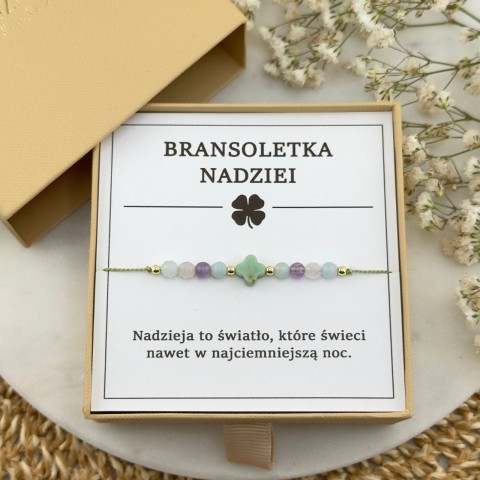 bransoletka nadziei na sznurku z koniczyną z kamieni akwamaryn ametyst amazonit