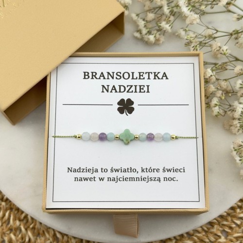 bransoletka nadziei na sznurku z koniczyną z kamieni akwamaryn ametyst amazonit