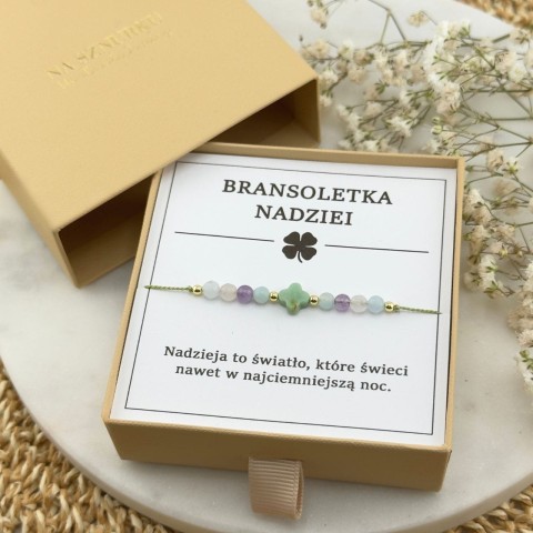 bransoletka nadziei na sznurku z koniczyną z kamieni akwamarynu ametystu amazonitu