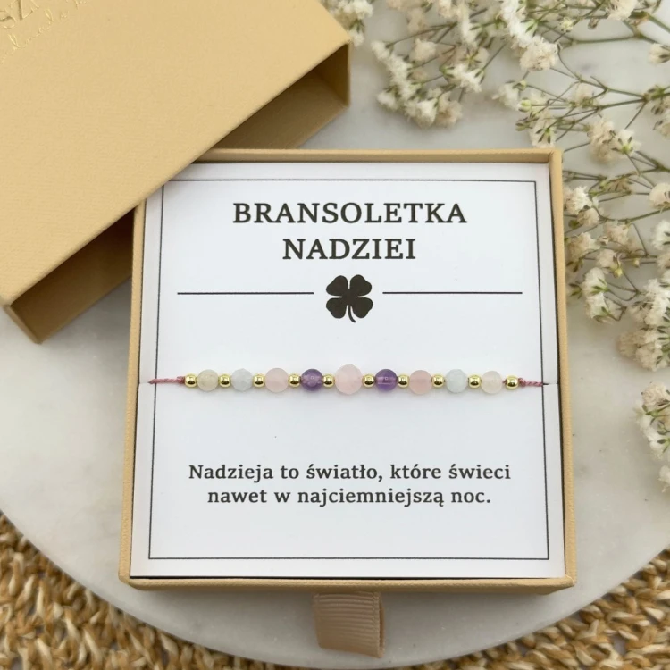 damska bransoletka nadziei na sznurku z kamieni kwarc różowy ametyst
